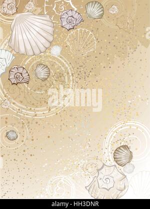 beautiful stylized sea shells on the brown sand. Stock Vector