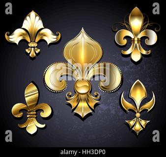 Set of gold, jewelry Fleur de Lis on a black background. Stock Vector