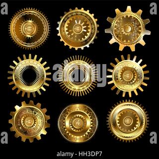 set of vintage, patterned brass and gold gears on a black background Stock Vector