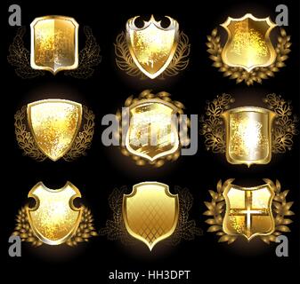 Set of golden shields on a black background. Stock Vector
