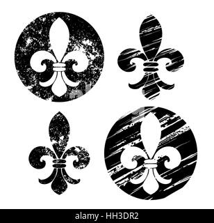 Set of Fleur-de-lis, painted in black on a white background. Sketch style. Drawing in black paint. Grunge Texture. Stock Vector
