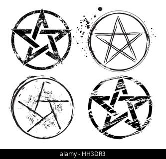 set of pentagrams painted in black on a white background. Magic star. Style sketch. Hand drawing. Grunge texture Stock Vector