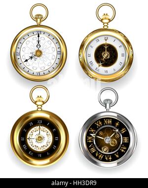 Set of round, gold and silver clock on a white background. Jewelry and Watches. Stock Vector