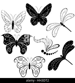 black silhouettes of stylized butterflies and dragonflies on a white background. Stock Vector