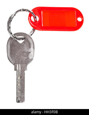 old door key with red blank keychain isolated on white background Stock Photo