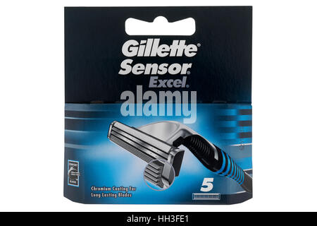 Packet of Gillette Sensor Excel razor blades on white background Stock Photo