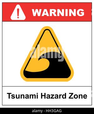 Tsunami hazard zone sign. In case of earthouake go to high ground or inland. Vector warning sticker label with wave symbol in yellow triangle isolated Stock Vector