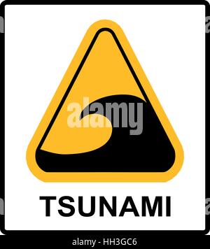 Tsunami hazard zone sign. In case of earthouake go to high ground or inland. Vector warning sticker label with wave symbol in yellow triangle isolated Stock Vector