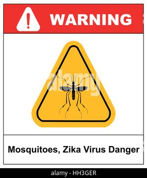 Zika virus Danger, Mosquitoes symbol, vector sticker label in yellow triangle isolated on white. Warning banner Stock Vector
