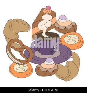 Set of cartoon vector food icons isolated on white background. Cakes, pretzel, cheesecake, cookies, croissant, eggs, cup of coffee of black tea. Stock Vector