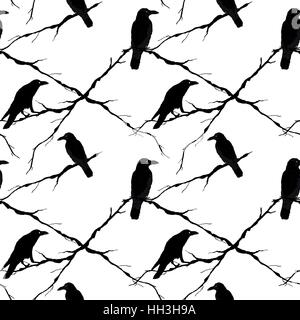 Seamless ravens and tree branches. Vector silhouette of a crows in different positions. Stock Vector