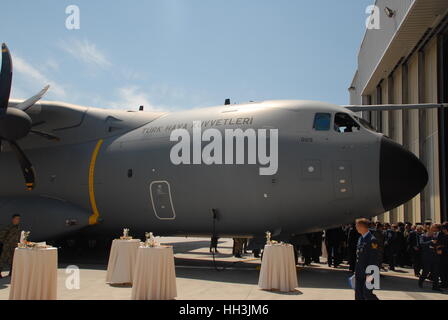 Turkish Air Forces’ Airbus A400M Atlas military transport aircraft in Erkilet Air Force Base during the inaugural ceremony. Stock Photo