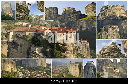Collage of Meterora images: Vaarlam monastery is in center; different views of Rousano and Nikolaos Anapafsas monasteries and Kastraki village are on Stock Photo