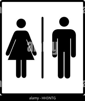 vector illustration of mens and womens restroom sign, toilette symbols. Vector symbols for public places, banner isolated on white, black silhouette Stock Vector
