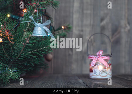 Christmas tree on the background of planks Stock Photo