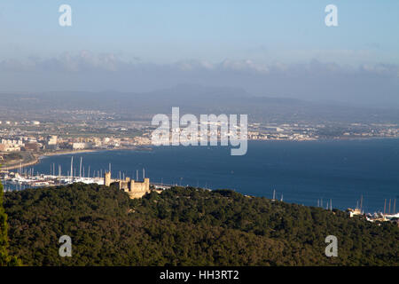 Palma de Mallorca hi view of Bellver castle and Palma de Mallorca Bay Majorca Balearic Spain Stock Photo