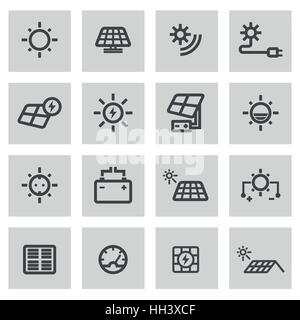 Vector line solar energy icons set on grey background Stock Vector