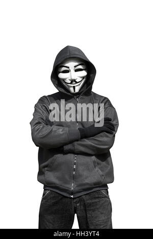 Portrait of man wearing anonymous mask isolated against white background Stock Photo