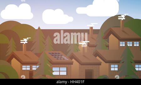 Cabins in Woods Small Town - Vector Illustration Stock Vector