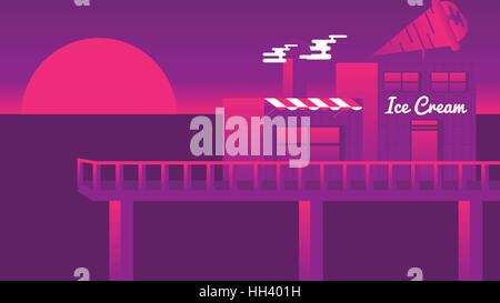 Ice Cream Parlor on a Pier at Sunset - Vector Illustration Stock Vector