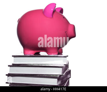 Pink Piggy Bank on book pile Stock Photo