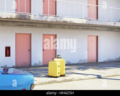 Luggage beside parked car outside motel. 3d rendering Stock Photo