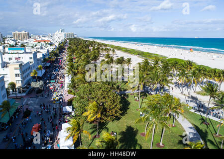 Miami Beach Florida,Ocean Drive,Art Deco Weekend,festival,Lummus Park,hotels,aerial overhead from above view,FL170114002 Stock Photo
