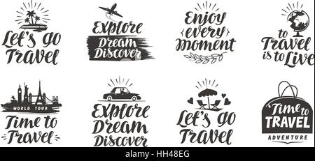 Travel, journey vector set labels. Handwritten lettering isolated on white background Stock Vector
