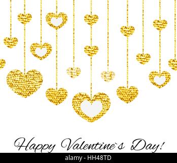 Happy valentines day card with golden glitter heart seamless garland isolated on white background. Stock Vector