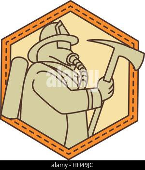 Mono line style illustration of a fireman fire fighter emergency worker holding a fire axe viewed from the side set inside shield crest on isolated ba Stock Vector