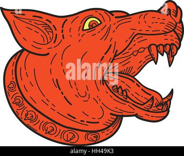 Mono line style illustration of a mad mastiff dog mongrel head barking viewed from the side set on isolated white background. Stock Vector