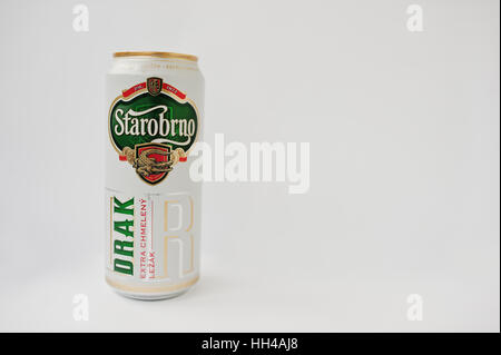 Hai, Ukraine - January 5, 2017: Starobrno iron can of beer isolated on white. Stock Photo