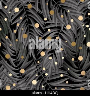 Seamless tropical jungle floral pattern with palm fronds. illustration. Gray Palm leaves pattern on black background Stock Vector