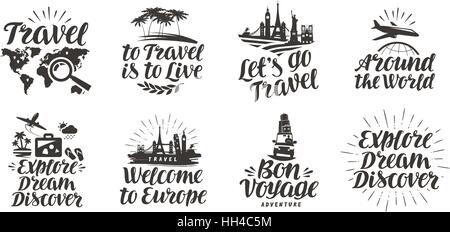 Travel, journey set icons. Handwritten lettering. Label vector illustration Stock Vector