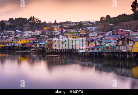 Big island of Chiloé. The lakes, Chile. Palafitos de Castro. Stock Photo