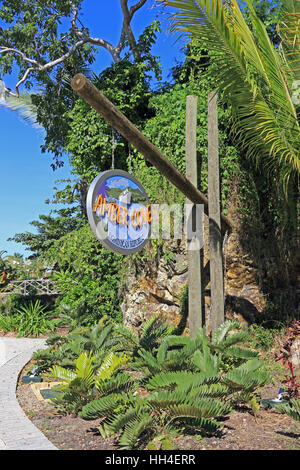 Amber Cove sign hung in cruise ship terminal complex, Dominican Republic Stock Photo