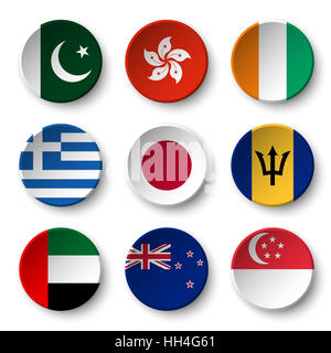 Set of world flags round badges ( Pakistan . Hong kong . Ivory Coast . Greece . Japan . Barbados . UAE . New zealand . Singapore ) Stock Photo