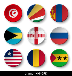 Set of world flags round badges ( Tunisia . Seychelles . Mongolia . Bahamas . England . Russia . Liberia . Chad . Sao Tome and Principe ) Stock Photo