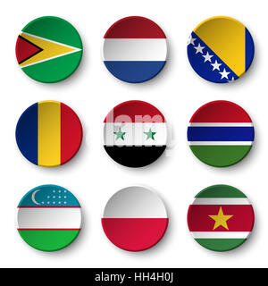 Set of world flags round badges ( Guyana . Netherlands . Bosnia and Herzegovina . Romania . Syria . Gambia . Uzbekistan . Poland . Suriname ) Stock Photo