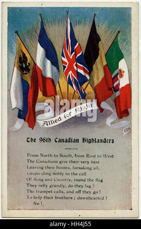WW1 - 96th Battalion (Canadian Highlanders) - Allied Flags Stock Photo