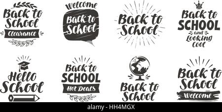 Back to school, set icons. Handwritten lettering. Label vector illustration Stock Vector