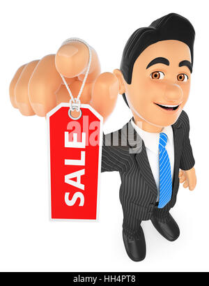 3d business people illustration. Businessman showing a tag with the word sale. Isolated white background. Stock Photo