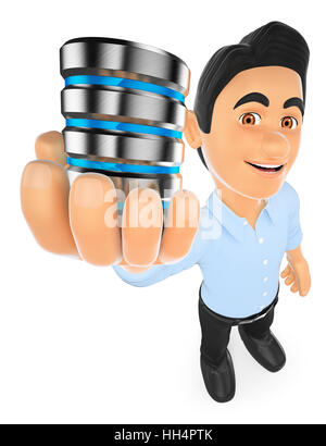 3d working people illustration. Information technology technician showing a database. Isolated white background. Stock Photo