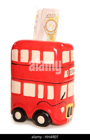 London red bus ornament money box with ten pound note cutout