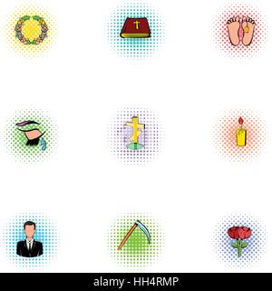 Funeral icons set, pop-art style Stock Vector