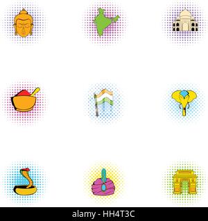 Stay in India icons set, pop-art style Stock Vector