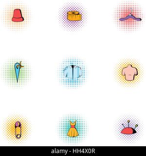 Tools for sewing dresses icons set, pop-art style Stock Vector