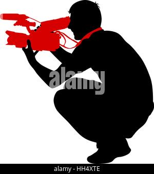 Cameraman with video camera. Silhouettes on white background. Vector illustration Stock Vector