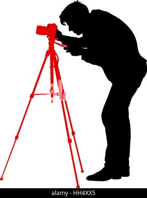 Cameraman with video camera. Silhouettes on white background. Vector illustration Stock Vector