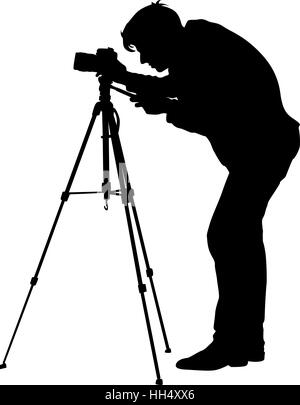 Cameraman with video camera. Silhouettes on white background. Vector illustration Stock Vector